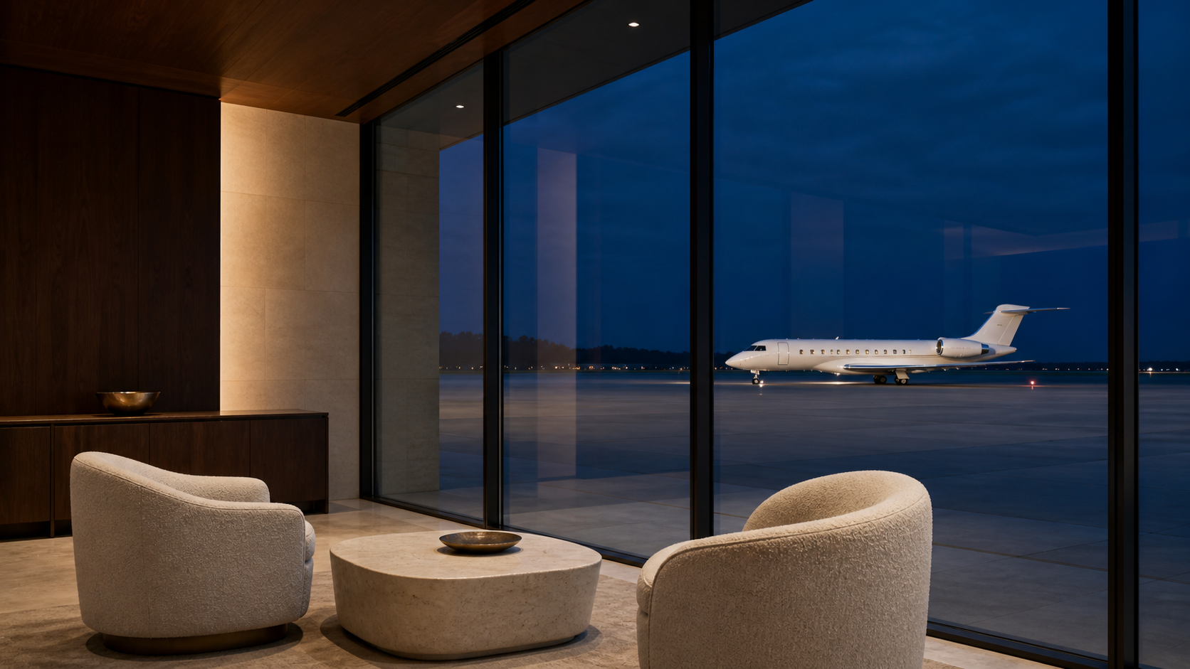 Salon privé donnant sur un jet au crépuscule